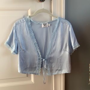 Blue crop front tie blouse